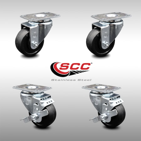 Service Caster 3 Inch SS Soft Rubber Wheel Swivel Top Plate Caster Set with 2 Brakes SCC SCC-SS20S314-SRS-2-TLB-2